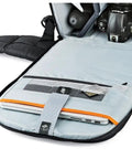 Flipside 500 AW II Camera Backpack open with gray interior showing laptop compartment and DSLR storage.