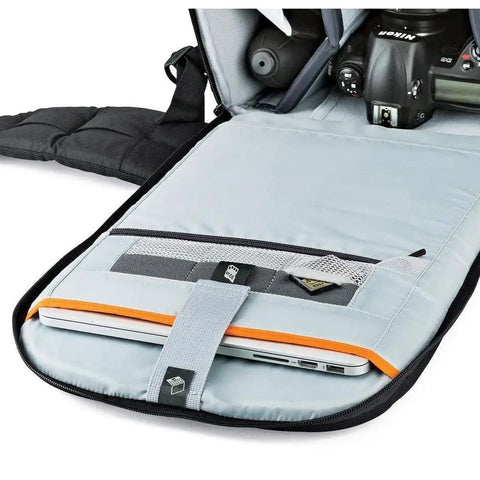 Flipside 500 AW II Camera Backpack open with gray interior showing laptop compartment and DSLR storage.