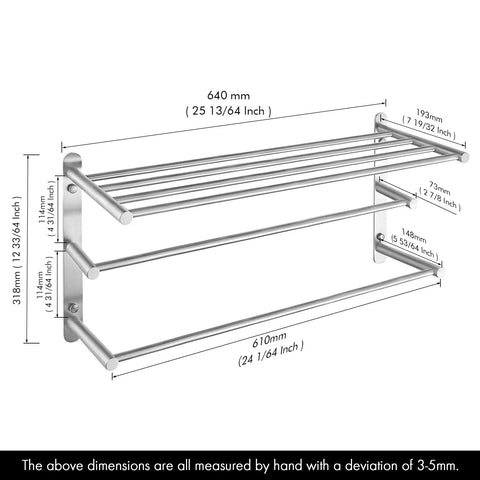 Dimensions of 3 Tier Wall Mount Towel Rack With Double Bars 24 Inch Bathroom Storage Organizer In Brushed 304 Stainless Steel.
