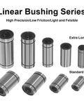 12 Pack LM5UU 5mm Linear Bearing Bushing Double Sealed For Smooth Linear Motion On CNC Machines And 3D Printers Rod Liner Shaft Parts Built For DIY Projects Pro Builds And Precise Motion, steel sealed linear bushings shown in extra long and standard sizes