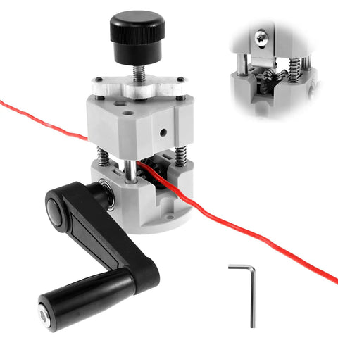 Hella Tough Manual Drill Powered Wire Stripper Machine For Copper Cable Recycling Portable Scrap Wire Peeler Fits 2 To 20 Mm Gauge close-up view of adjustable guide with red wire