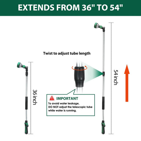 Telescoping Watering Wand For Garden Hose 36 To 54 Inch Adjustable Reach 10 Spray Patterns shown with extended length