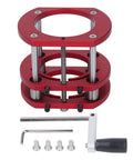 Heavy Duty Aluminum Alloy Router Lift Base With Rock Solid 4 Jaw Clamping Zero Hassle Crank Height Adjustment and Rugged Steel Support Rods for Compact Trimmer Machines and Garage Shop Upgrades with included hardware.