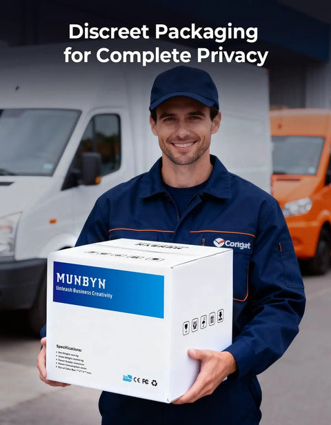 Delivery person holding a box labeled 'MUNBYN' beside vans for discreet packaging service, smiling outdoors.