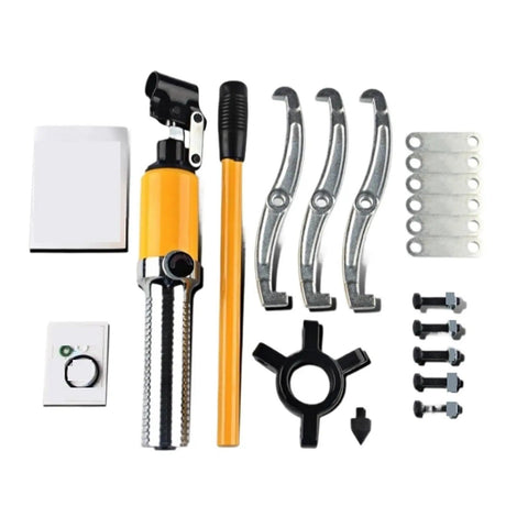 Heavy Duty Hydraulic 3 Jaw Puller Kit For Knocking Out Stubborn Gear Bearings And Wheel Hubs With Rock Solid Grip Zero Hassle Auto Shop Essential Tool In 5 10 15 Or 20 Ton Capacity For Garage Repairs components laid out on white background.