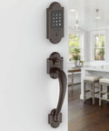Badass Smart Touchscreen Door Lock with Z-Wave Compatibility and Keyless Entry, solid brass single cylinder with touchscreen.
