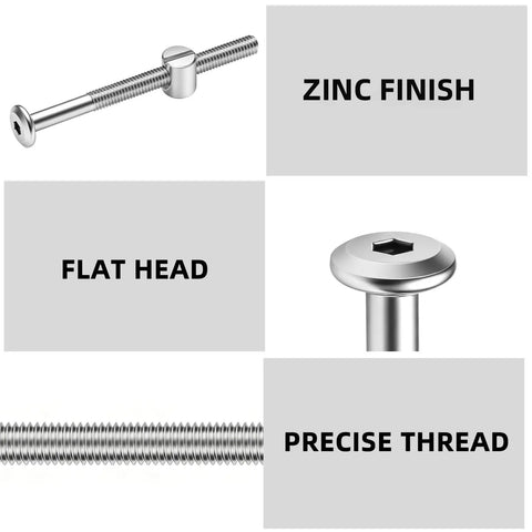 Flat Head Socket Head Cap Screws M6 X 60mm with Barrel Nuts and Allen Wrench Set showing zinc finish and precise thread details.