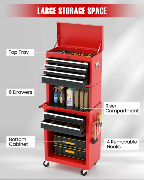 Five Drawer Rolling Tool Cabinet With Auto Locking System And Lockable Wheels, Detachable Top Box, 3-In-1 Modular Metal Tool Cart