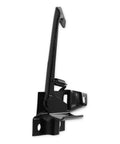 Side view of black metal hood catch release lever assembly with mounting bracket and coil spring