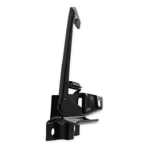 Side view of black metal hood catch release lever assembly with mounting bracket and coil spring