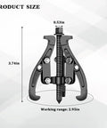 Heavy Duty Carbon Steel Three Jaw Reversible Gear And Bearing Puller Featuring Rock Solid Hardened Grips with size dimensions.