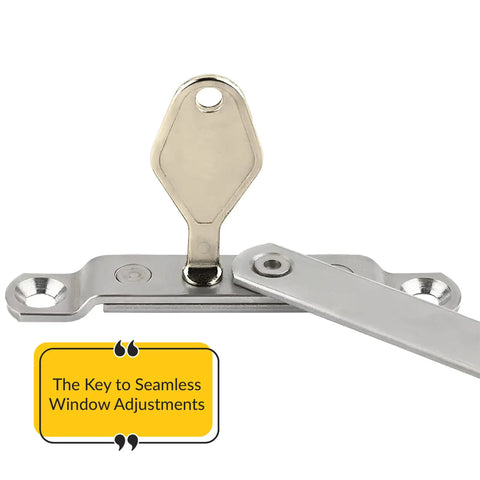 Heavy Duty Die Cast Metal Release Key That Works Like A Champ For Detachable Window Restrictor Stays And Replacement Hardware Tools With Smooth Mill Finish Look on a silver base plate.