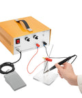 80A Portable Jewelry Spot Welder Kit With Pedal Switch Electric Pulse Welder for rapid clean welds in use, on white background.