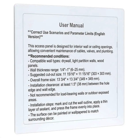 User manual for Crush Proof 12X12 Inch Abs Plastic Drywall Access Panel For Concealing Plumbing Hvac And Electrical Wiring.