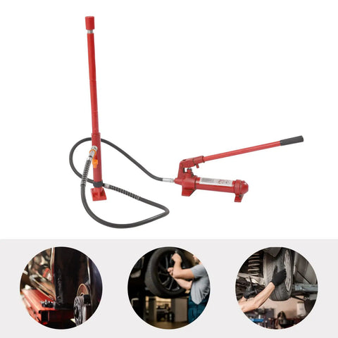 Heavy Duty Auto Body Frame Repair Tool Kit With Storage Case Red - 15-Piece Set showcasing hydraulic ram and pump