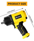 Badass Half Inch Air Impact Wrench Delivers 1750 Ft Lbs Of Serious Torque At 8000 Rpm To Easily Break Loose Jammed Bolts Along With A Full 10 Piece Socket Kit built for hardcore weekend mechanics, shown with dimensions.