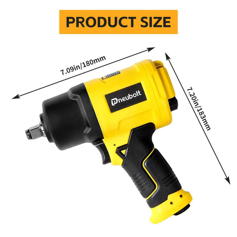 Badass Half Inch Air Impact Wrench Delivers 1750 Ft Lbs Of Serious Torque At 8000 Rpm To Easily Break Loose Jammed Bolts Along With A Full 10 Piece Socket Kit built for hardcore weekend mechanics, shown with dimensions.
