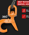 Heavy Duty Half Inch By 75 Foot Winch Cable Rope for Wrecker Tow Trucks with Steel Core and G80 Hook, 360° rotation shown.