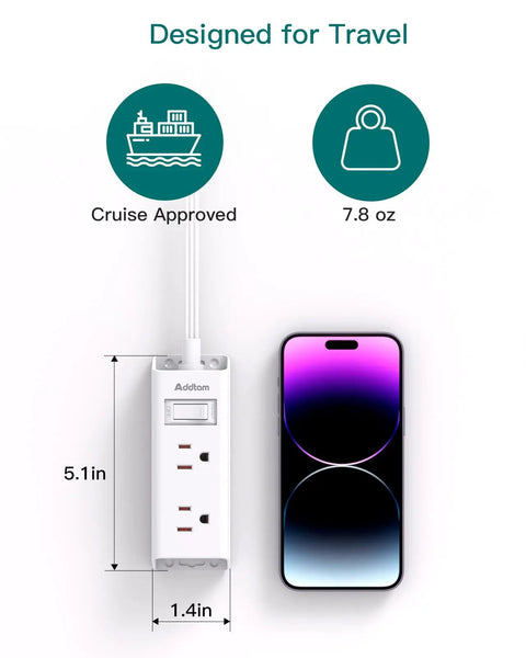 Slim Flat Plug Extension Cord With Six Outlets And Right Angle Design Gonna Save You Serious Space Behind Sofas Beds Or Fridges Perfect For Dorms Tiny Spots Keeps Your Gear Running Butter Smooth All Day Long next to a smartphone, travel-ready and cruise approved.