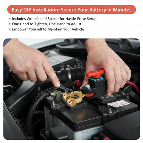 Person installing the Super Cool Smart Battery Cut-Off Switch For 12v-To-24v Cars And Trucks Plus Boats with wrench on a car battery.