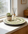 13.5 Inch Mother Of Pearl Lazy Susan Rotating Tray Handcrafted Turntable For Kitchen Displayed With Succulent And Diffuser