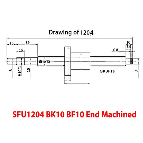 Technical drawing of SFU1204 BK10 BF10 end machined part from C7 SFU1204 Ball Screw with 3 Ball Nut 250mm Rail