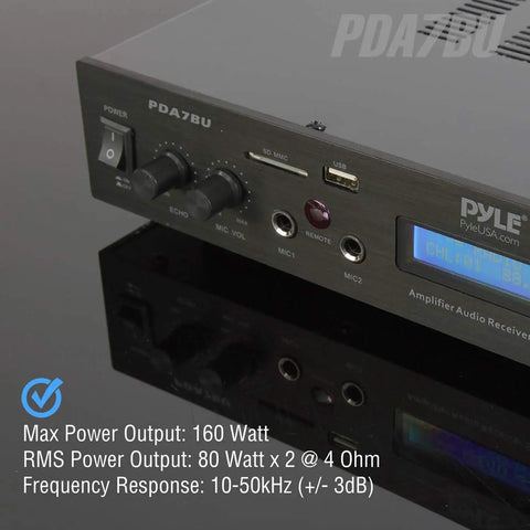 Front view of Bluetooth Home Theater Receiver With 200W 5 Channels Sub Out Karaoke Ready Dual Mic Wireless Streaming USB SD MP3 Player RCA Input FM Radio LCD Display PDA7BU