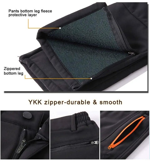Men's Waterproof Softshell Snow Pants For Skiing And Snowboarding With Fleece Lined Interior, showcasing zippered bottom cuffs and YKK zipper