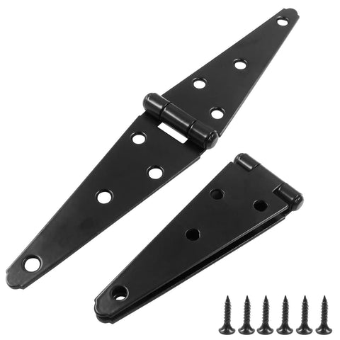 Heavy Duty 5 Inch Strap Hinges 4 Pack Rock Solid Barn Door Hardware For Sheds Gates And Garages Built Tough With No Sweat Setup And Straight Up Reliable Precision Cast Construction in black with screws.
