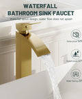 Brushed Gold Vessel Sink Faucet With Waterfall Design Tall Spout Single Handle Single Hole DIY Friendly Installation Pop Up Drain