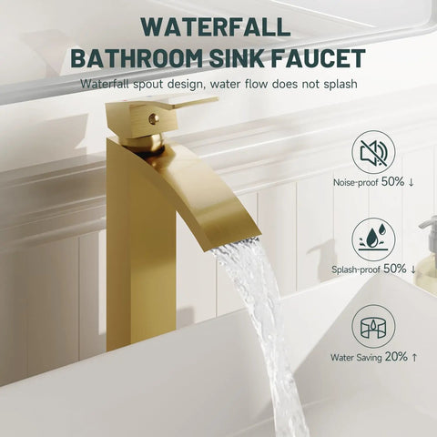 Brushed Gold Vessel Sink Faucet With Waterfall Design Tall Spout Single Handle Single Hole DIY Friendly Installation Pop Up Drain