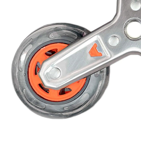 Close-up of Stair Climbing Triangle Caster Wheels Replacement 3.74 In Diameter Stainless Steel showing orange wheel and frame detail.
