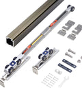 Soft Close Pocket Door Slide Hardware And Track Set For Barn Doors With Heavy Duty Hanger And Bilateral Four Wheel Dual Damping 47 Inch Track Single Door Load Rating Up To 143 Lbs Space Saving Slider System components on display.