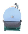 Top Shelf Water Cooled Electric Knife Sharpener Bench Grinder With 240 Watt Motor And 10 Inch Coarse Sharpening Stone Plus 8 Inch Leather Stropping Wheel For No Sweat Cooling And Zero Burn, front view showing the coarse stone.