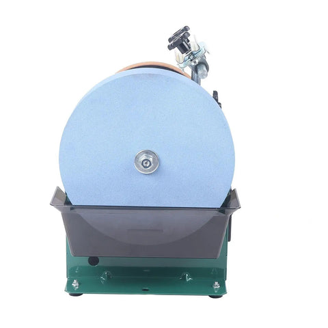 Top Shelf Water Cooled Electric Knife Sharpener Bench Grinder With 240 Watt Motor And 10 Inch Coarse Sharpening Stone Plus 8 Inch Leather Stropping Wheel For No Sweat Cooling And Zero Burn, front view showing the coarse stone.