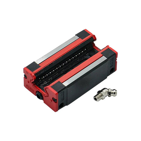 Get Your Hands On This High Precision Linear Guide Rail Kit HGH25CA Featuring Smooth Square Carriages And Ultra Low Friction Bearings For Effortless Machine Motion And Super Accurate Sliding Action Today., red black HGH25CA linear guide rail carriage with grease fitting