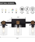 Rustic Farmhouse Vanity Lights With Hand Polished Wood And Black Metal Clear Glass Shade 3 Light Wall Sconce dimensions