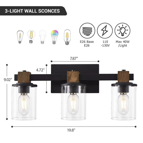 Rustic Farmhouse Vanity Lights With Hand Polished Wood And Black Metal Clear Glass Shade 3 Light Wall Sconce dimensions