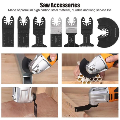 52 Piece High Carbon Steel Oscillating Saw Blades Kit for wood metal plastic and drywall cutting in action on various materials