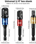 Premium Three Piece Impact Socket Adapter Kit with 1/4, 3/8 And 1/2 Inch Drive Includes Right Angle Drill Attachment For Tough Jobs At Home Or Work. Three impact socket adapters shown with 1/4, 3/8, and 1/2-inch drive sizes.