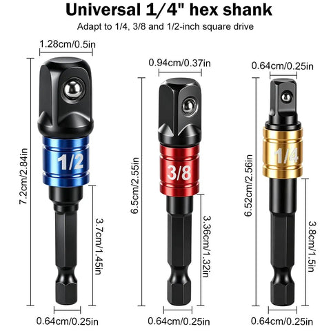 Premium Three Piece Impact Socket Adapter Kit with 1/4, 3/8 And 1/2 Inch Drive Includes Right Angle Drill Attachment For Tough Jobs At Home Or Work. Three impact socket adapters shown with 1/4, 3/8, and 1/2-inch drive sizes.
