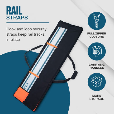 Beefy Heavy Duty Guide Rail Bag for Track Saw Guides Up To 59 Inches with rail straps and handles, black with orange accents.