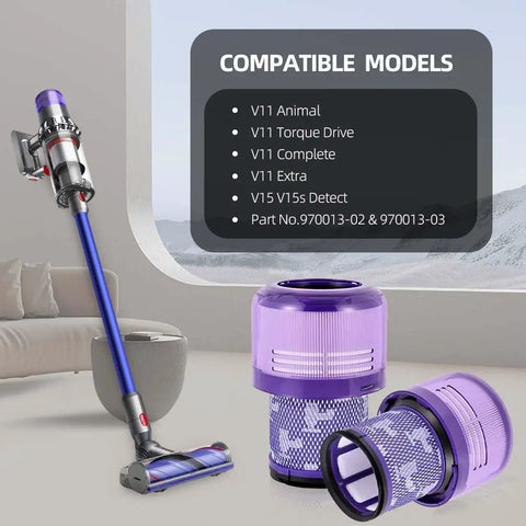 2 Pack Replacement Vacuum Filters For V11 Animal V11 Torque Drive V11 Complete V11 Extra And V15 Detect V15s Detect Cordless Vacuums displayed with compatible cordless vacuum model