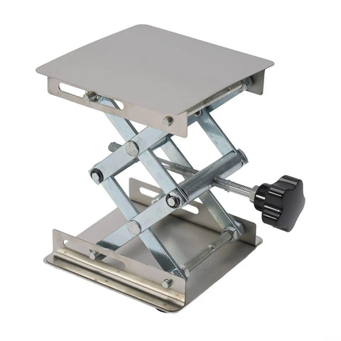 Premium Stainless Steel Manual Router Lift Table featuring 100mm vertical travel and fine-tuning controls with scissor crank.