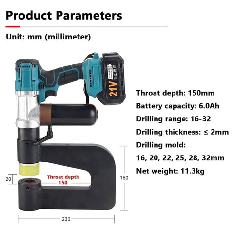 Cordless Hydraulic Hole Puncher With Dual Batteries Heavy Duty Metal Punch Tool 150mm Throat Depth diagram and specs