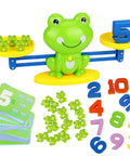 Tot Approved Montessori Math Learning Kit Featuring Dope Frog Shaped Pieces To Boost Preschool Numeracy Foundation and Supply Top Shelf STEM Challenges For Bright Kiddos. Frog balance scale with colorful numbered pieces and cards.