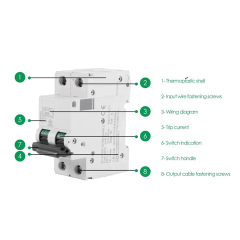 2-Pole 250V DC Miniature Circuit Breaker For Solar Systems, detailed view of 32A breaker features, DIN rail mount, C65H-DC