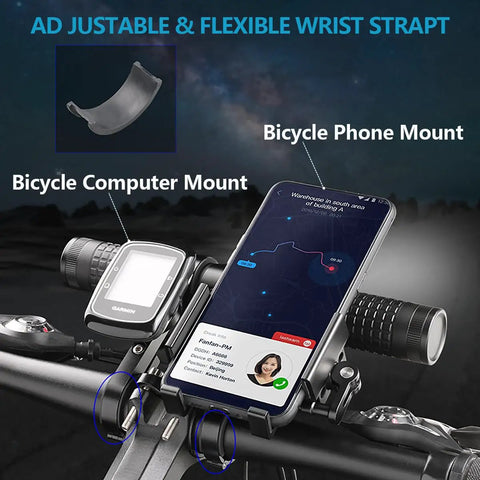 Handlebar view with phone and computer mount from Beefed-Up 2400 Lumen Bicycle Headlight With 10000mAh Battery Pack kit