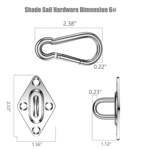 Shade Sail Hardware Dimension showing carabiner and plate details from Heavy Duty Shade Sail Hardware Kit With Winches And Wire Rope Rust Free Stainless Steel Sun Shade Hardware Kit For Rectangle Square Triangle Shade Sail Installation 71 Pieces