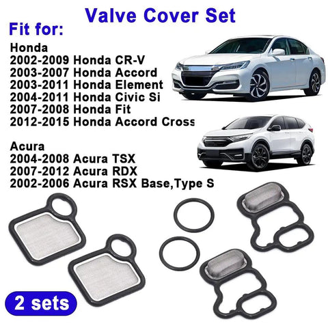 VVT VTEC Solenoid Gasket Valve Cover Set Spool Valve Filter Screen for Honda Accord Civic CRV Element Acura RDX RSX TSX 2002 2015 2 Pack Premium Replacement Kit for Easy Install and Long Lasting Seal shown with components and compatible models